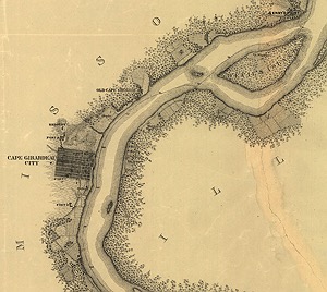  Closer view of 1865 map showing Cape Girardeau on the Mississippi River 