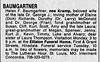 Helen Baumgartner Death Notice Chicago Tribune 14 Apr 1996 Section 4 pg 4
