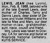 Jean Lewis nee Lyons (wife of Everett) Obit STL Post-Dispatch 9 Feb 1966 pg 20 (4B) col 6