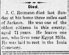 John C. Reimann Obit Jackson Herald 15 Sep 1910 pg 1 (LOC Chroniciling America)